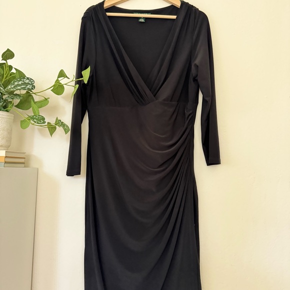 Classic Elegance: Ralph Lauren Black Ruched V-Neck Midi Dress - Size 16 - Picture 5 of 8